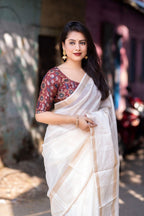 White Silk Blend Kalamkari Saree with Unstitched Blouse - A2M - Distacart