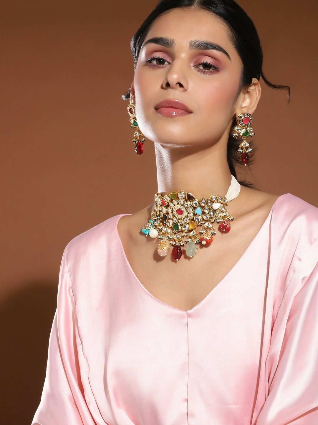 Maharani Multi Kundan Choker with Earrings- Ruby Raang