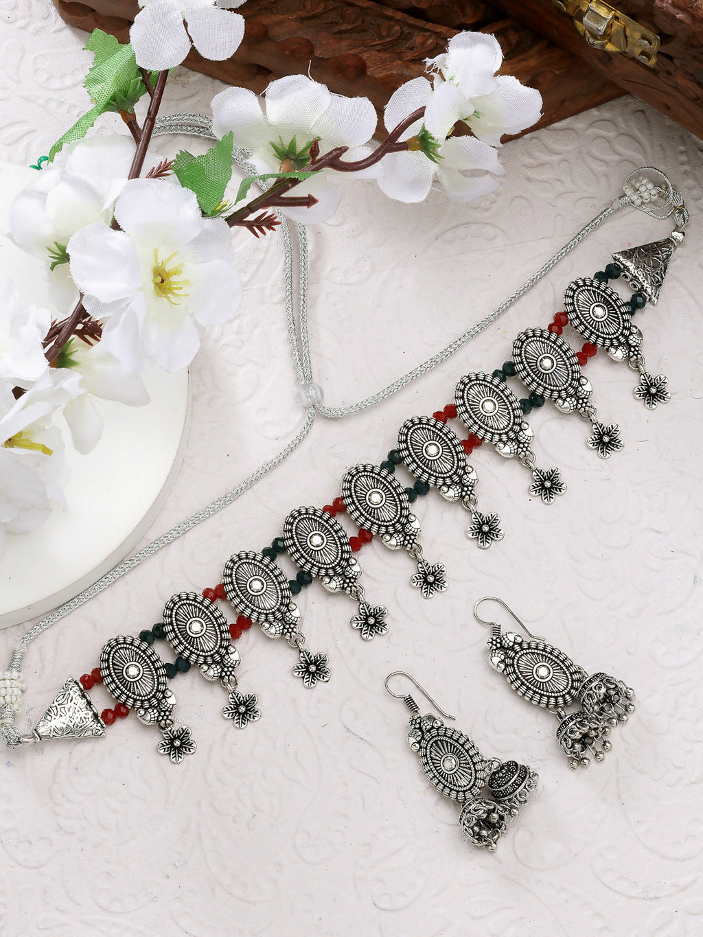 NVR Women's Silver-Plated Choke Oxidized Necklace with Jhumka Earrings