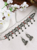 NVR Women's Silver-Plated Choke Oxidized Necklace with Jhumka Earrings