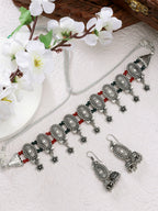 NVR Women's Silver-Plated Choke Oxidized Necklace with Jhumka Earrings