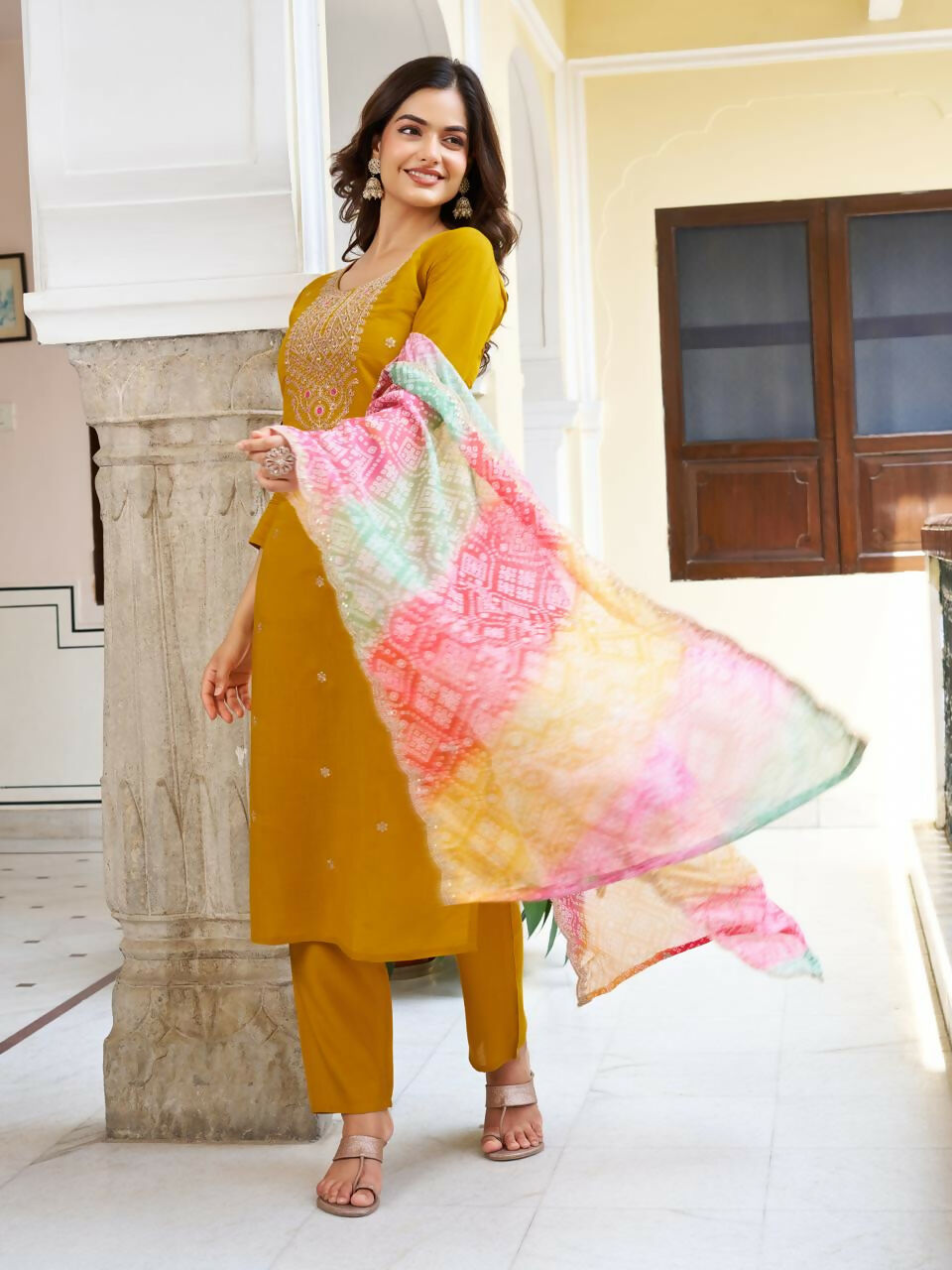 The52 Women's Beautiful Viscose Chanderi Fabric Embroidery Work Straight Kurta Pant and Dupatta Set - Distacart