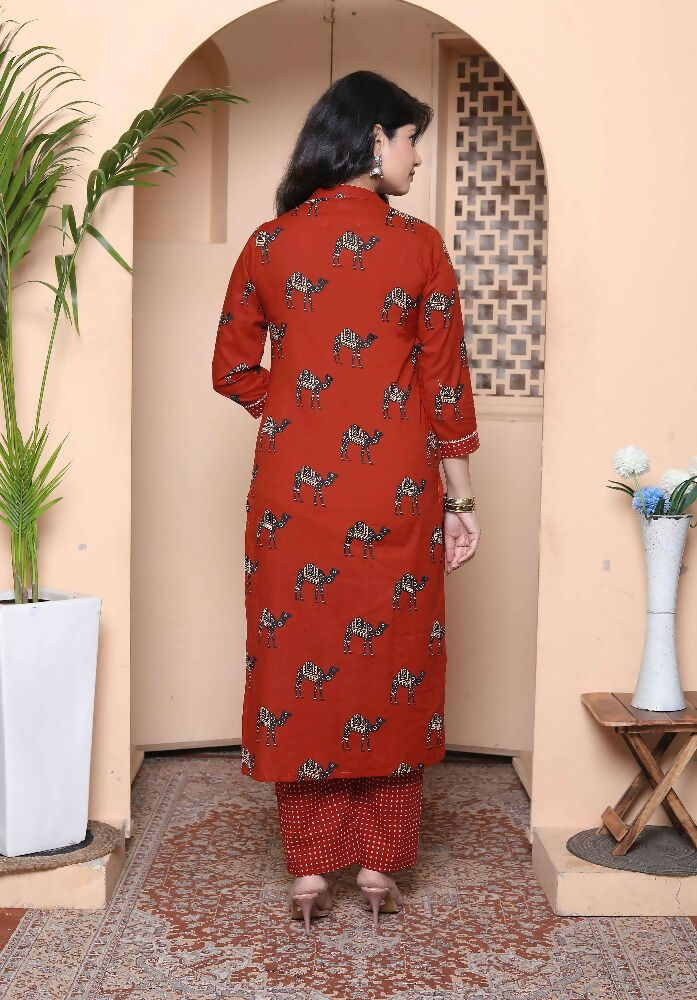 Miravan Womens Rust Animal Printed Three Quarter Sleeves Pure Cotton Kurta With Palazzo - Distacart