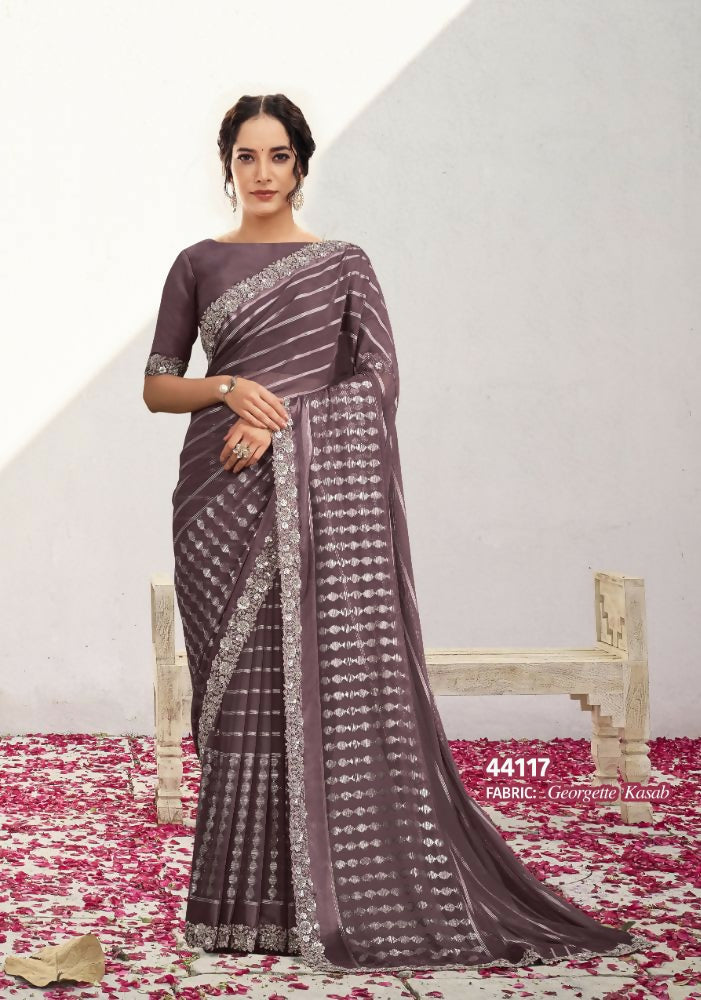 Lavender Georgette Kasab Designer Saree with Unstitched Blouse - Norita Varya