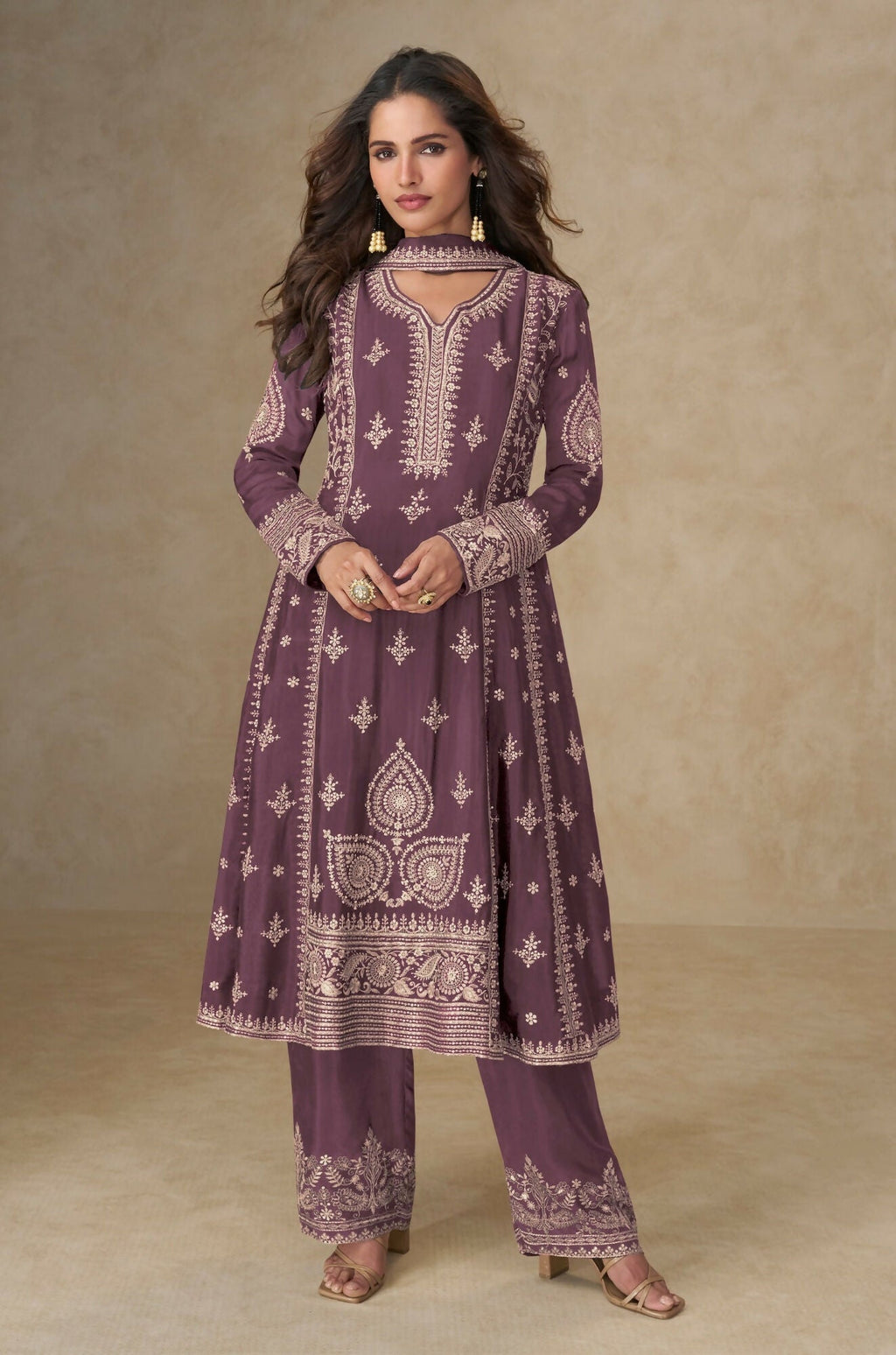 Anaita Purple Chinon Silk Stitched Suit with Embroidery & Sequence Work - Distacart