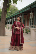 Vastranavya Premium Designer Heavy Sequins & Thread Embroidered work Kurti Palazzo & Dupatta - Maroon