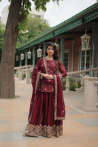 Vastranavya Premium Designer Heavy Sequins & Thread Embroidered work Kurti Palazzo & Dupatta - Maroon