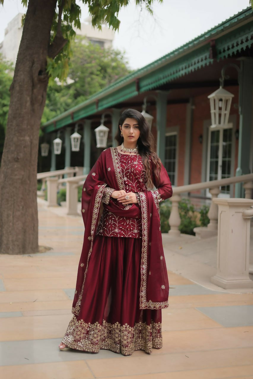 Vastranavya Premium Designer Heavy Sequins & Thread Embroidered work Kurti Palazzo & Dupatta - Maroon