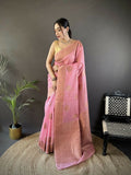 Joban Fashion Pastel Pink Floral & Paisley  Linen Silk Banarasi Saree - Distacart