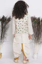 Little Bansi Banarsi Silk Blue Floral Embroidery Jacket With Cotton Kantha kurta And Kantha Dhoti - Cream