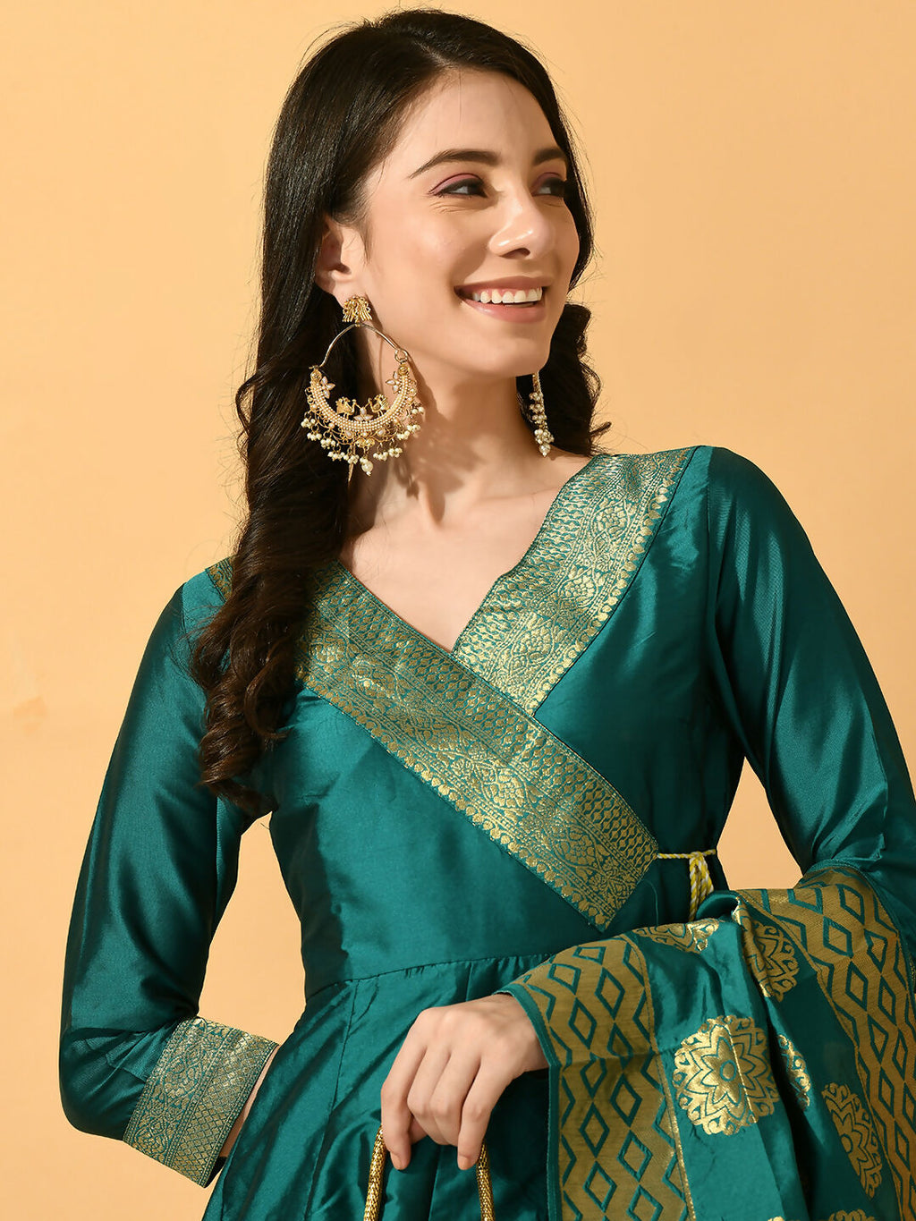 Myshka Women's Green Silk Festive Anarkali Kurta