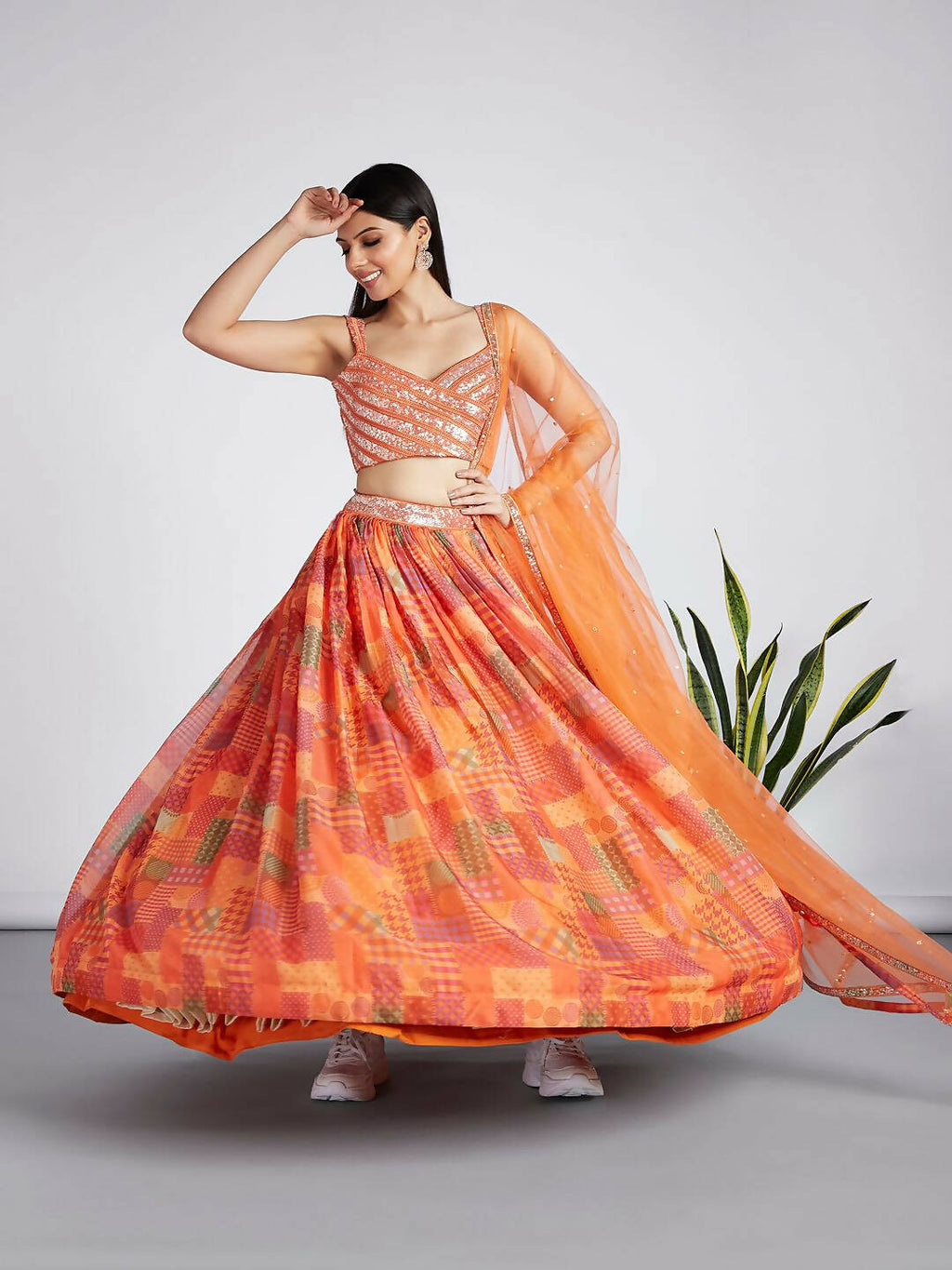 House of Panchhi Orange colour Organza Treditional design digital print Semi-Stitched Lehenga choli & Dupatta