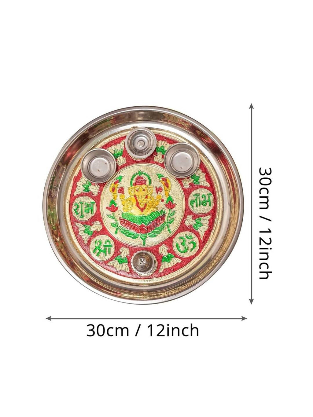 Tied Ribbons Red & Green Printed Pooja Thali With Attached Incense Diya Tilak Holder