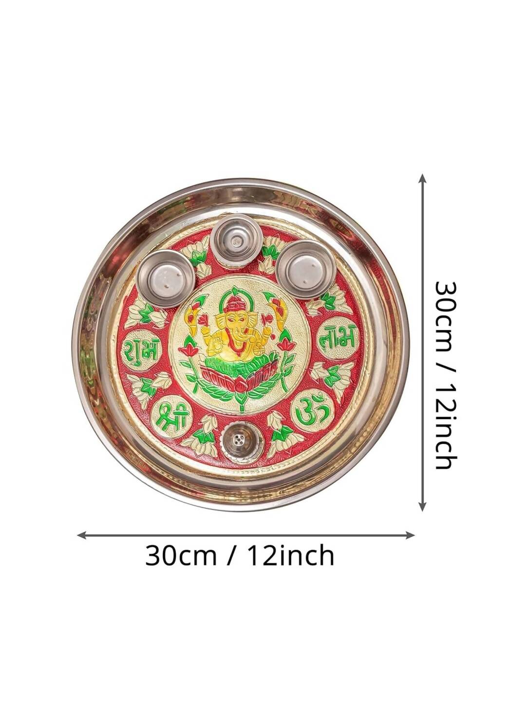 Tied Ribbons Red & Green Printed Pooja Thali With Attached Incense Diya Tilak Holder