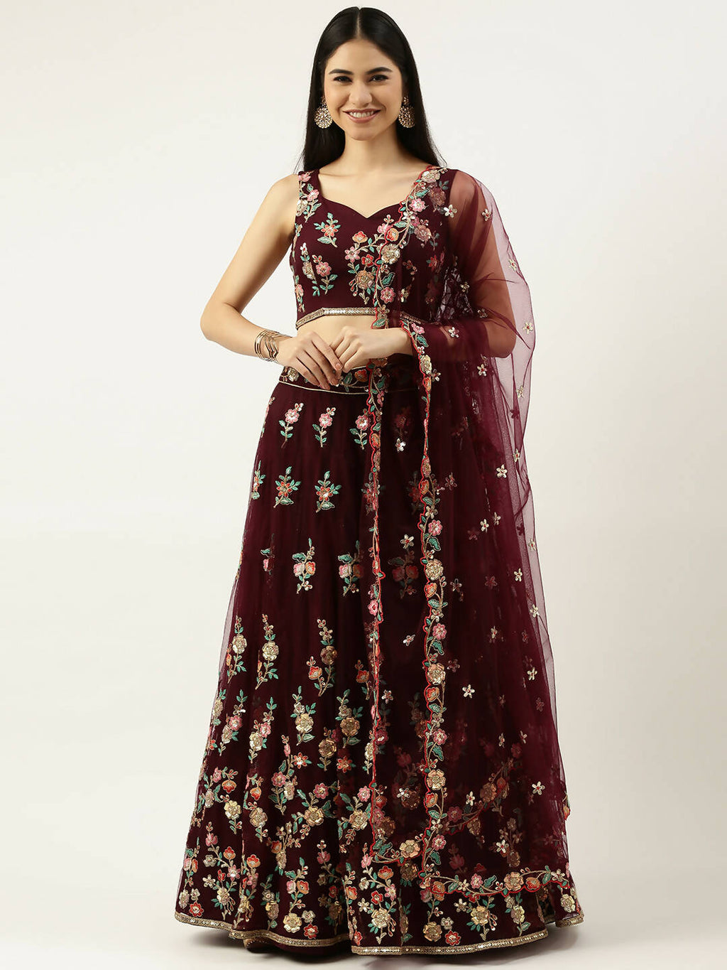 House of Panchhi Burgundy Net Sequinse Work Lehenga & Blouse, Dupatta