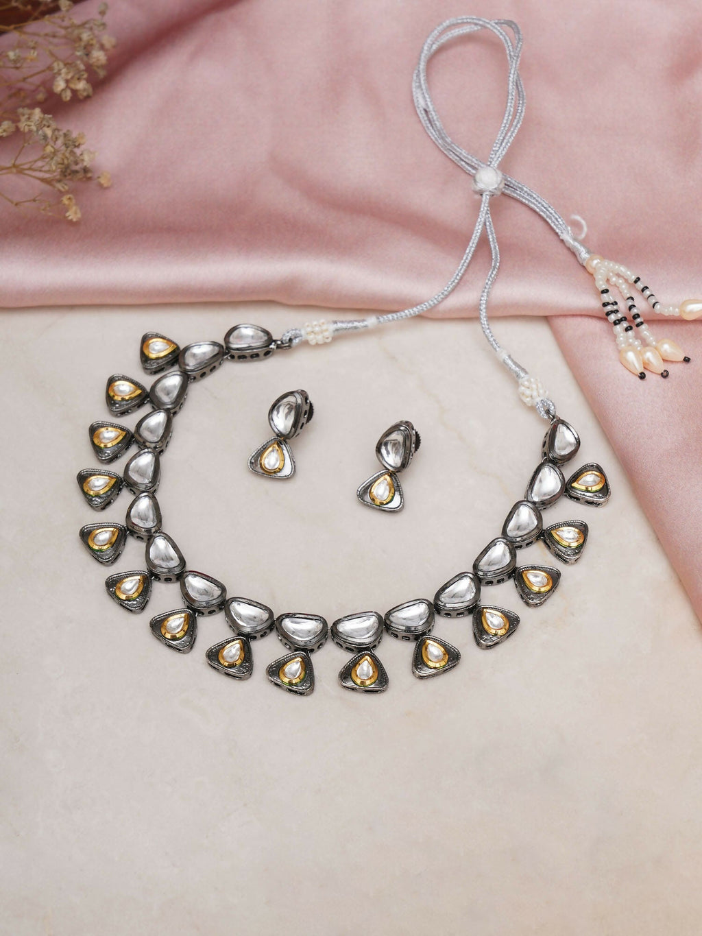 Dual Tone Kundan Neckpiece with Earrings Jewellery Set (silver) - Ruby Raang