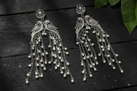 Mominos Fashion Johar Kamal Silver-Plated Oxidised Parrot Design Earrings