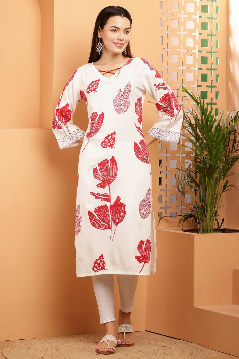 Cheera Women Stylish Hand Block Printed Cotton Blend Flared Kurta - Off White