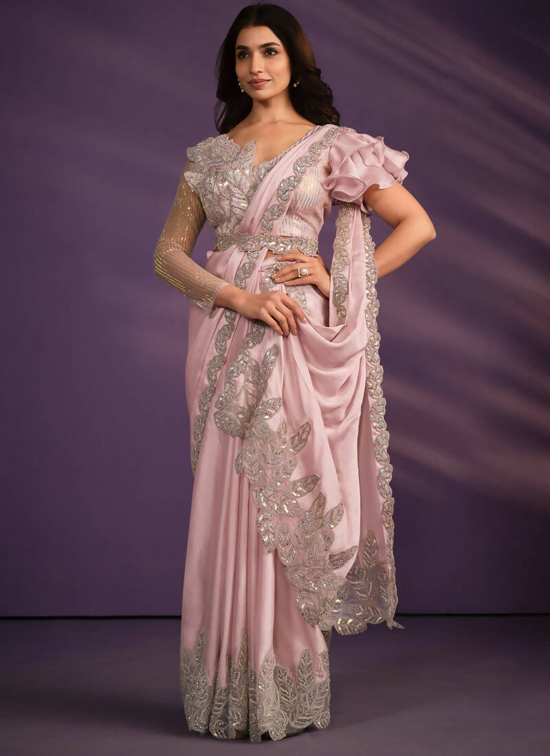 Pink Crepe Satin Silk Embroidered Saree With Stitched Blouse - Mohmanthan Exotica