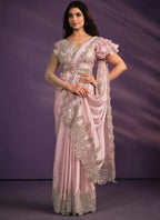 Pink Crepe Satin Silk Embroidered Saree With Stitched Blouse - Mohmanthan Exotica