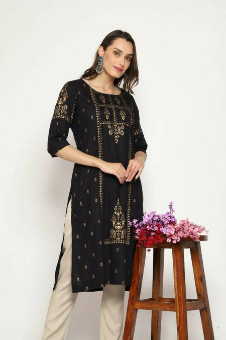 Maai Rayon Hand Printed Kurta Black
