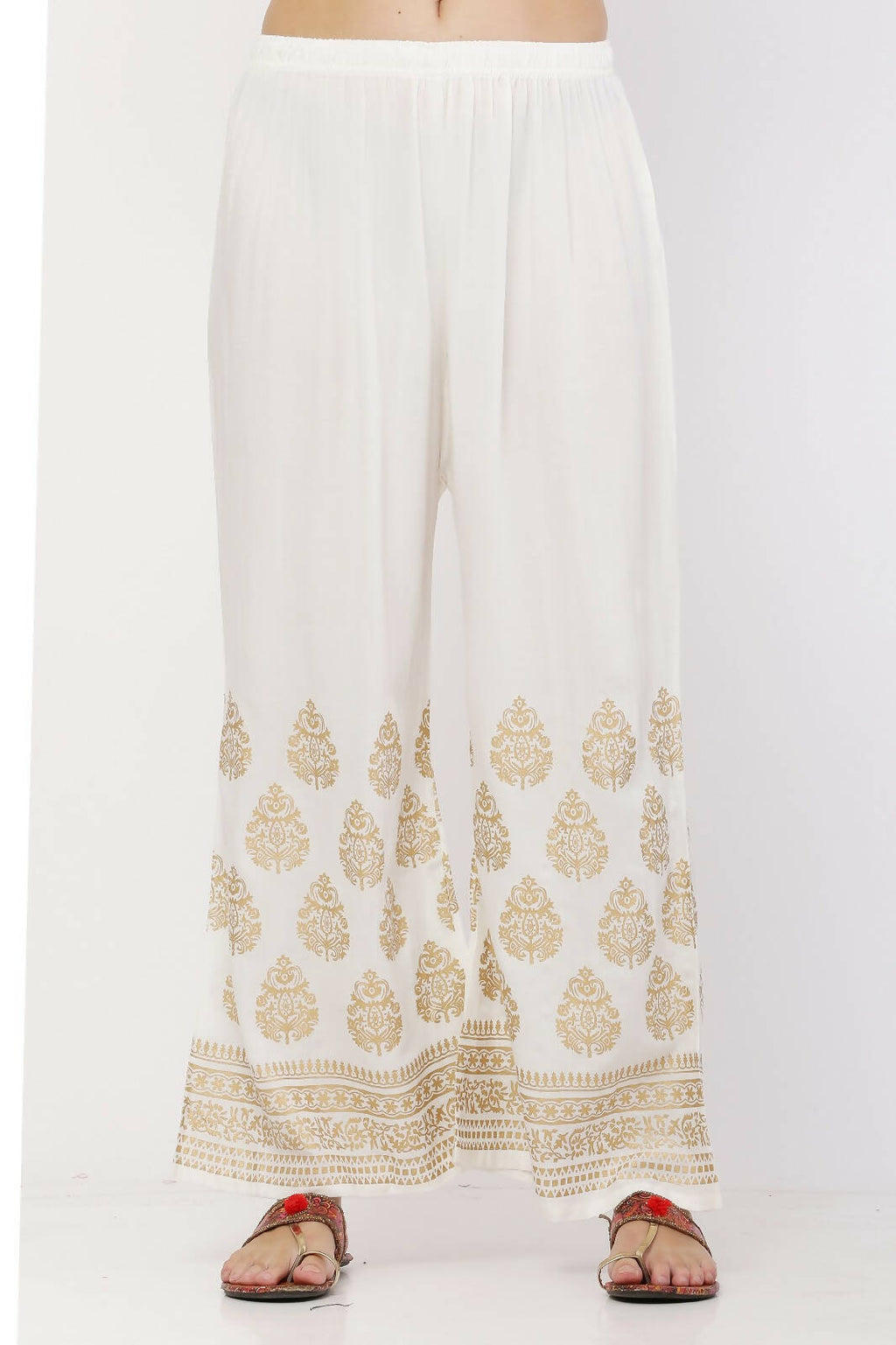 PAVONINE White Color Golden Printed Rayon Fabric Sharara For Women - Distacart