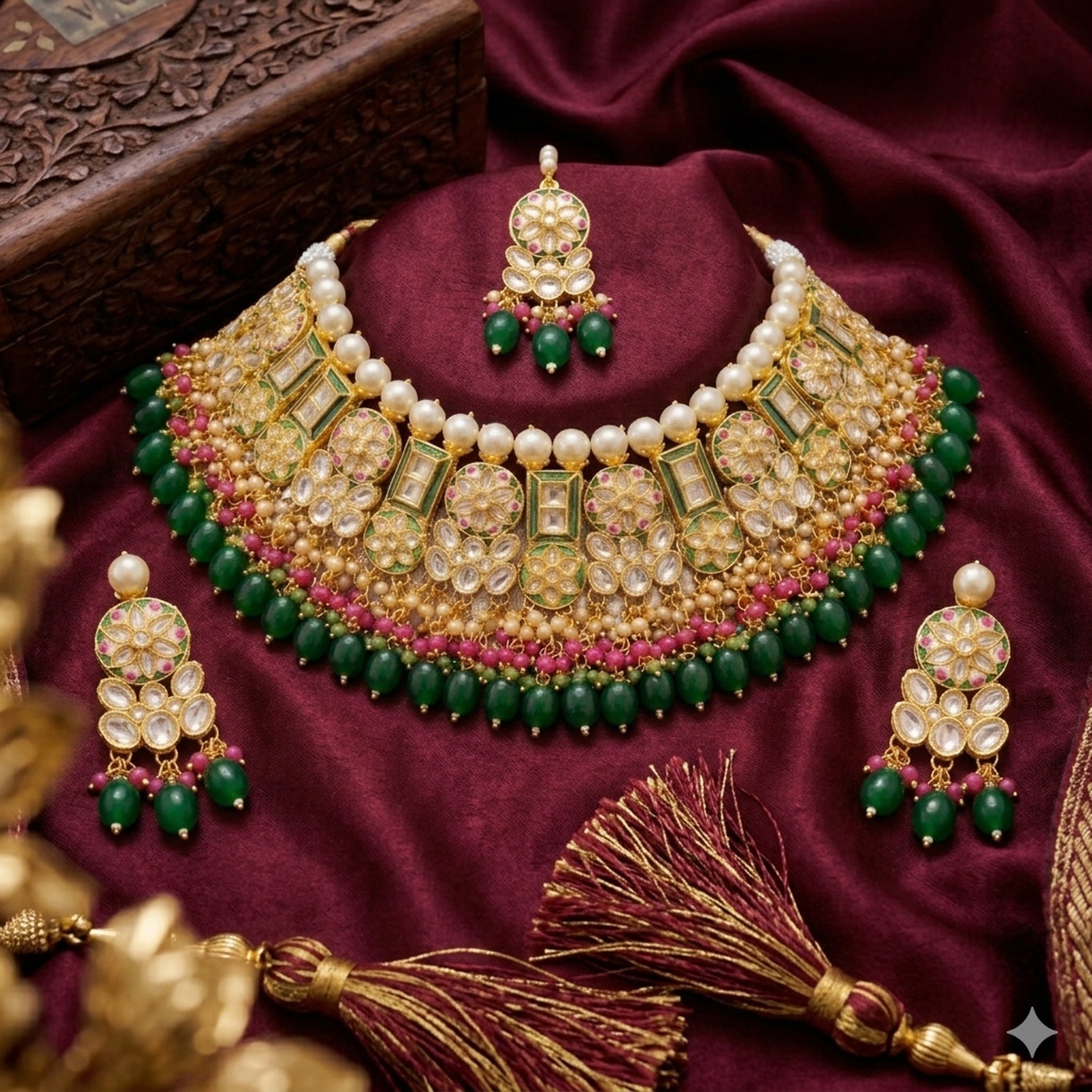 Jewel City Exquisite Gold-Plated Kundan Bridal Choker Set with Emerald Green Beads - Traditional Ethnic Indian Jewelry - Distacart