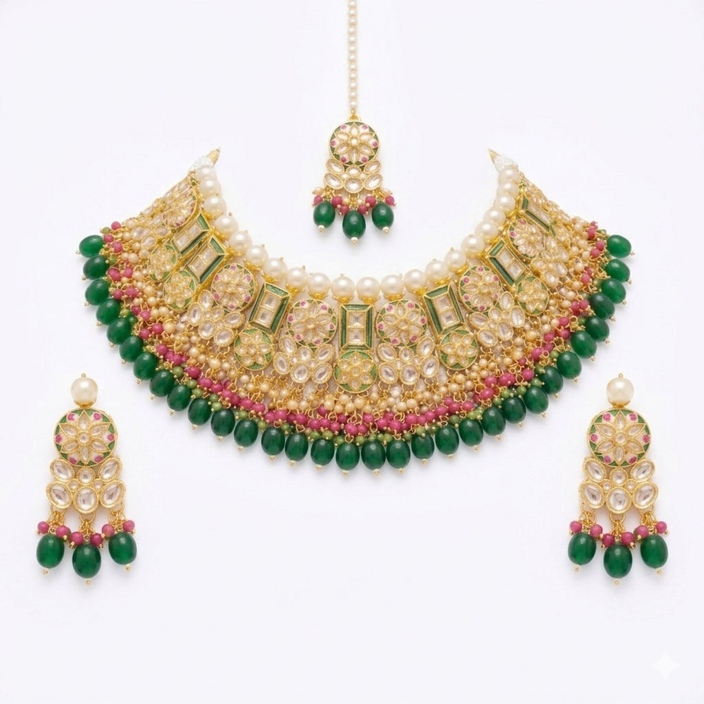 Jewel City Exquisite Gold-Plated Kundan Bridal Choker Set with Emerald Green Beads - Traditional Ethnic Indian Jewelry - Distacart