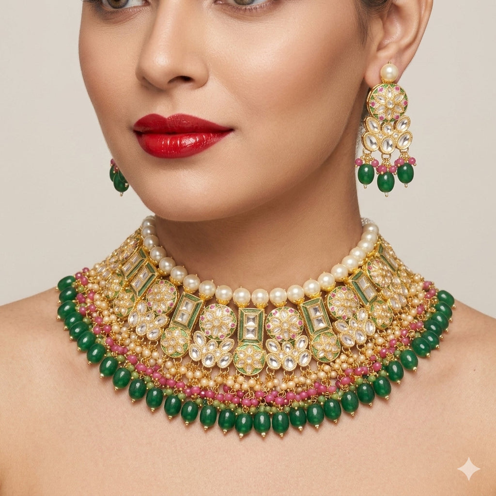 Jewel City Exquisite Gold-Plated Kundan Bridal Choker Set with Emerald Green Beads - Traditional Ethnic Indian Jewelry - Distacart