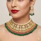 Jewel City Exquisite Gold-Plated Kundan Bridal Choker Set with Emerald Green Beads - Traditional Ethnic Indian Jewelry - Distacart
