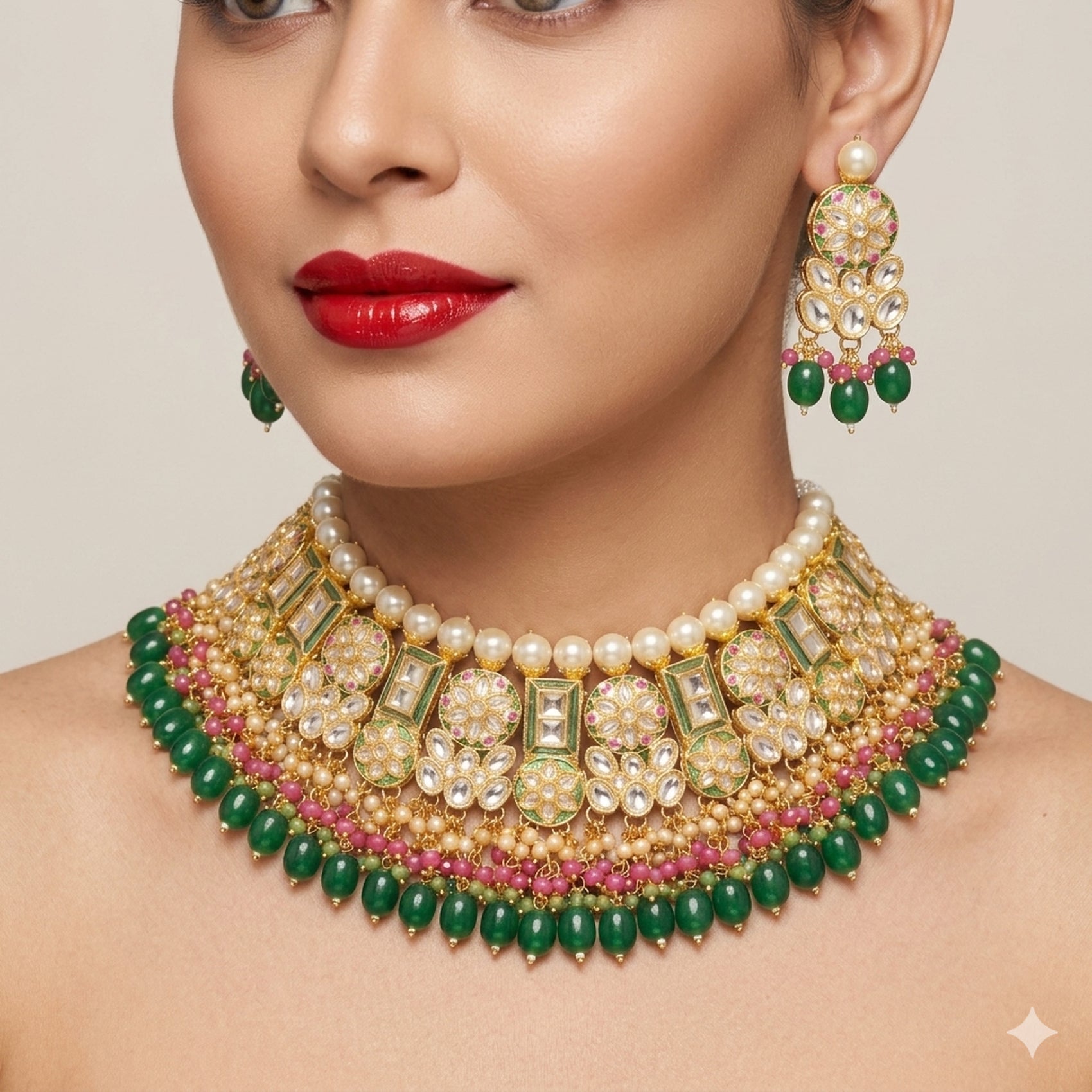 Jewel City Exquisite Gold-Plated Kundan Bridal Choker Set with Emerald Green Beads - Traditional Ethnic Indian Jewelry - Distacart