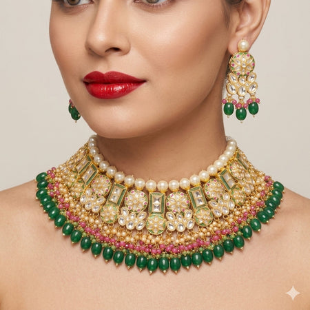 Jewel City Exquisite Gold-Plated Kundan Bridal Choker Set with Emerald Green Beads - Traditional Ethnic Indian Jewelry
