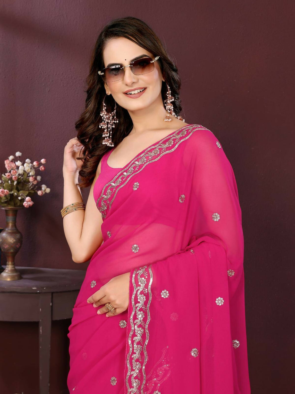 Ai Fashion Pink Soft Georgette Embroidery Party Wear Saree - Distacart