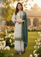 Teeya Creation White Color Faux Georgette Embroidery Work Long Party Wear Palazzo Suit - Distacart
