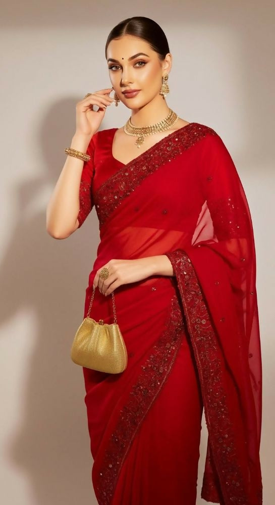 Joban Fashion Red Fandy Satin Silk Party Wear Sarees - Distacart