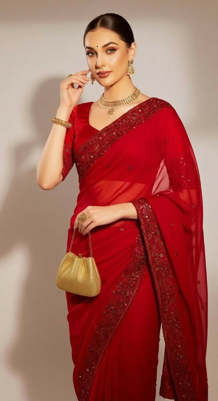 Joban Fashion Red Fandy Satin Silk Party Wear Sarees