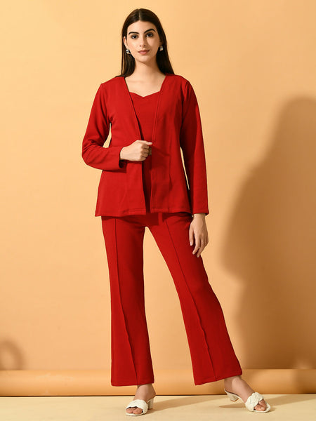 Myshka Women's Red Solid Coat With Trousers