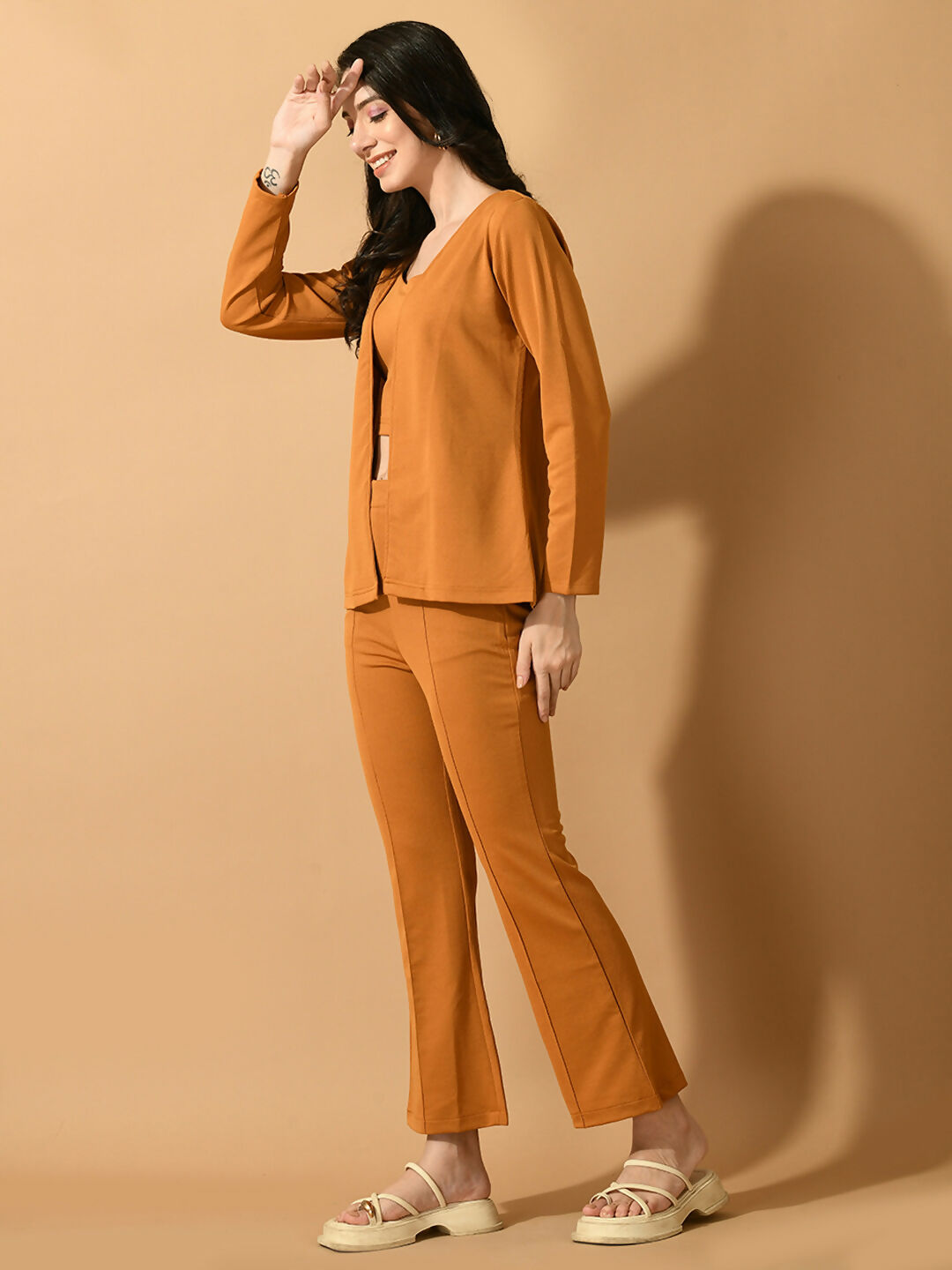 Myshka Women's Mustard Solid Coat With Trousers