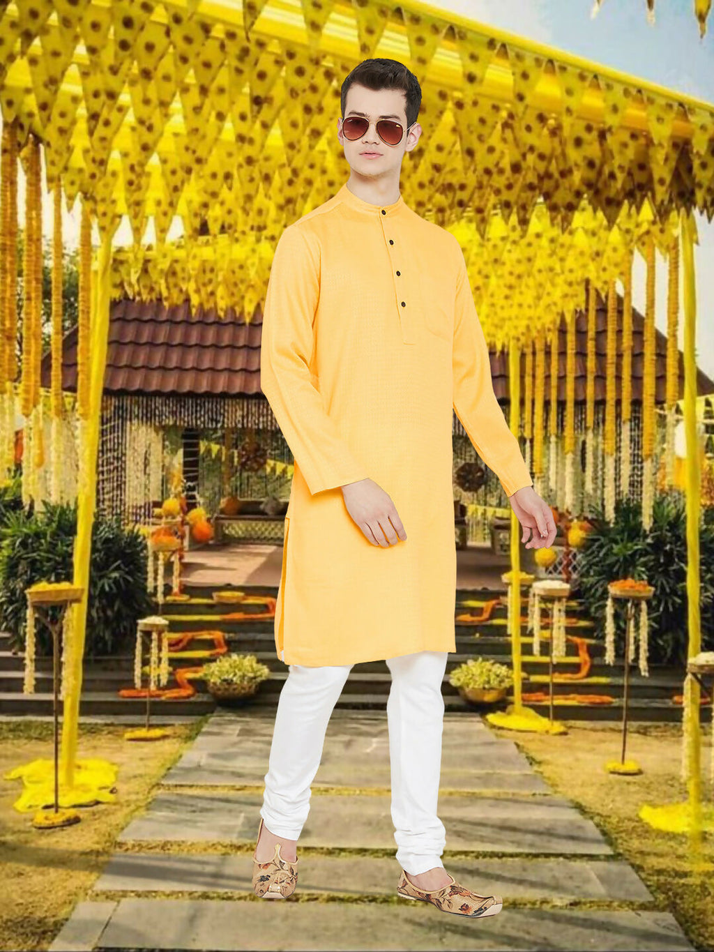 Even Apparels Men's Embroided Yellow Kurta