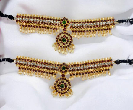 Elite Trading Classical Dance Bajuband – Kempu Red & White Stone Armlet for Bharatanatyam & Kuchipudi/Unisex- Both Men and Women can use