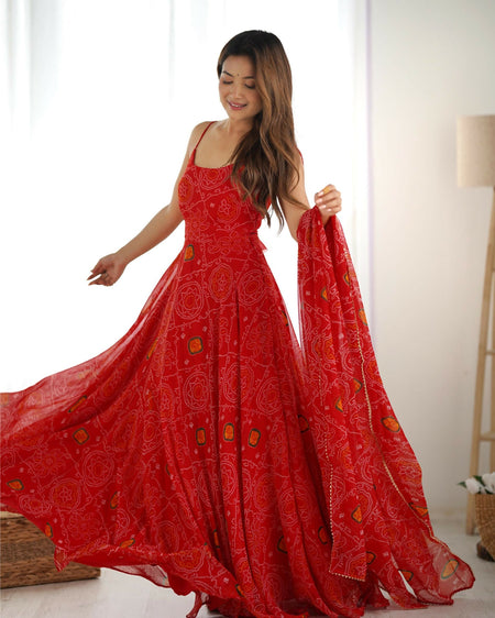 The52 Women's Beautiful Printed Chiffon Bandhej Fabric Flared Anarkali Pant and Dupatta Set
