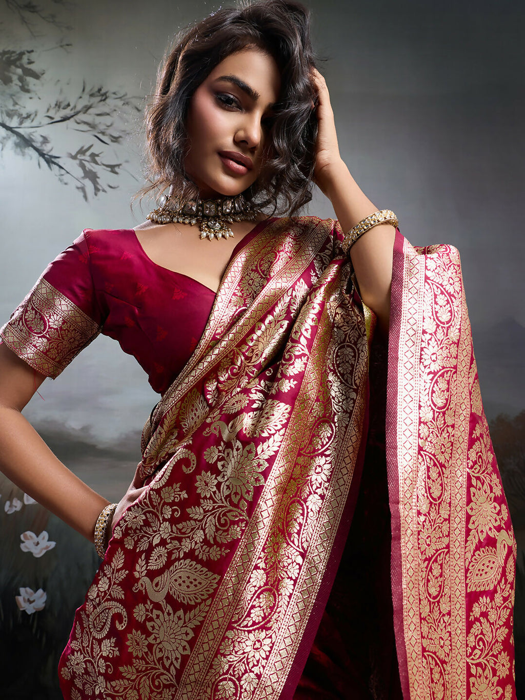 Shree Shyam Fashion Maroon Silk Blend Saree - Distacart