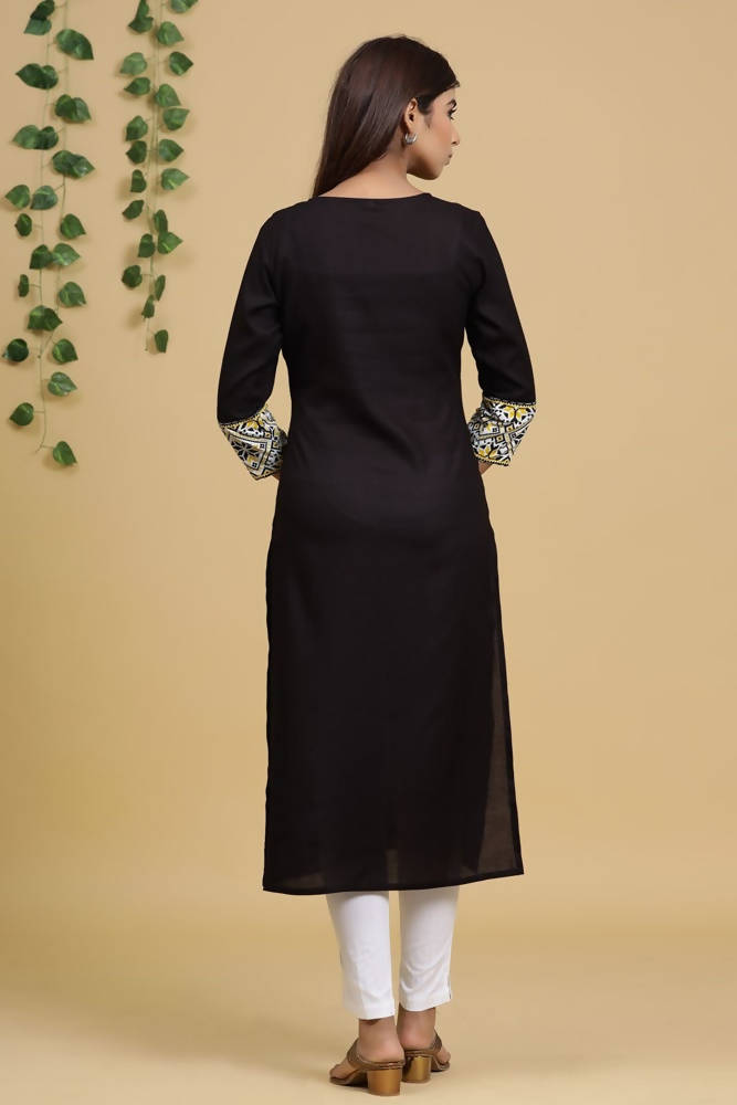 Yufta Women Black & Yellow Geometric Yoke Design Straight Kurta