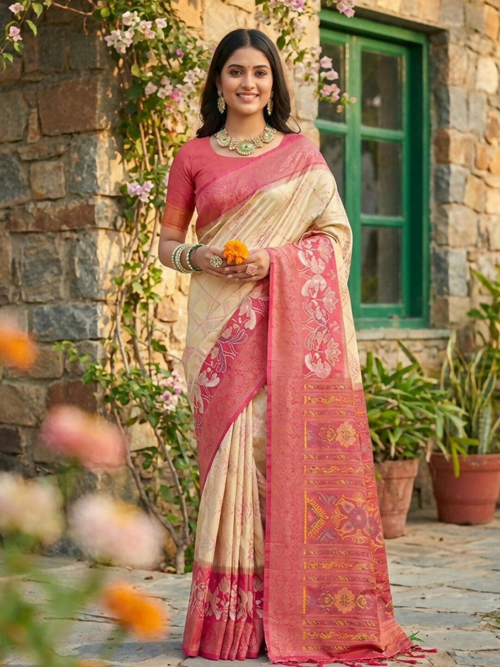 Shree Shyam Fashion Cream Pochampally Silk Saree - Distacart