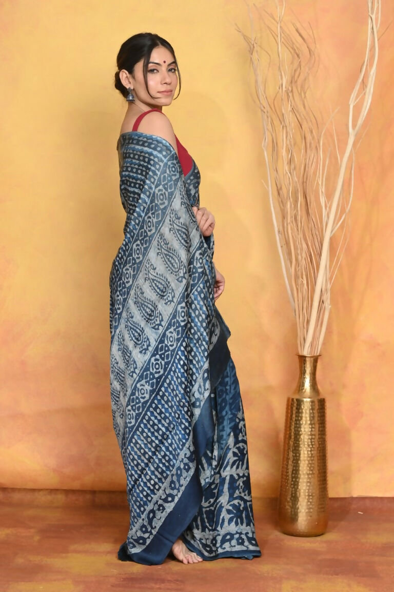 Very Much Indian Modal Silk Ajrakh Handblock Printed Natural Dyes Sleek Border Saree - Powder Blue