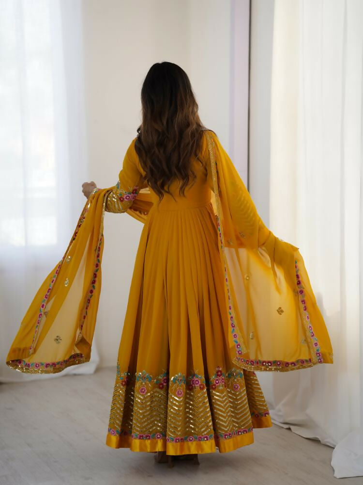 Joban Fashion Mustard Georgette Sequence Embroidery Work Readymade Kurta Set - Distacart