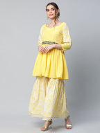 Ahalyaa Women Yellow Crepe Floral Short Kurta with Sharara Set - Distacart