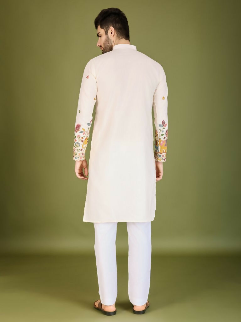 Vastranavya White Exclusive Festival Wear Cotton Sequence Embroidered & Thread Work Kurta