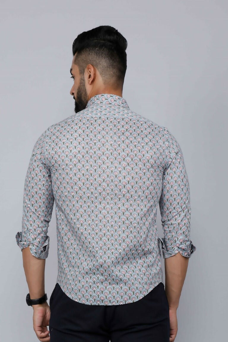 Miravan Men's Blue Pure Cotton Handblock Floral Print Shirt
