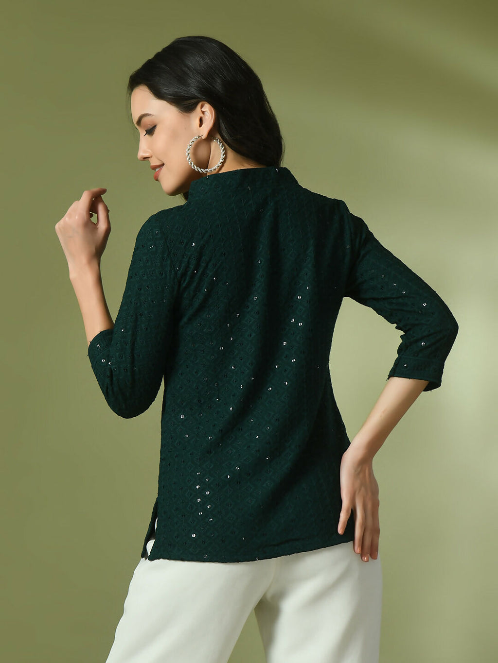 Myshka Women's Green Embellished Cotton Regular Party Tunic